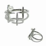 99381, CROSS CRYSTAL RHINESTONE WITH PEARL CUFF ADJUSTABLE RING