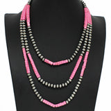 Western Square Turquoise Stone with Navajo Beaded Multi Layered Necklace
