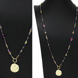 99409, HAMMERED ROUND CHARM WITH SEMI PRECIOUS STONE BEADED LONG NECKLACE