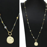 99409, HAMMERED ROUND CHARM WITH SEMI PRECIOUS STONE BEADED LONG NECKLACE