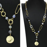 99413, HAMMERED ROUND CHARM WITH SEMI PRECIOUS STONE LONG NECKLACE
