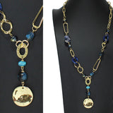 99413, HAMMERED ROUND CHARM WITH SEMI PRECIOUS STONE LONG NECKLACE