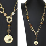 99413, HAMMERED ROUND CHARM WITH SEMI PRECIOUS STONE LONG NECKLACE