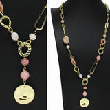 99413, HAMMERED ROUND CHARM WITH SEMI PRECIOUS STONE LONG NECKLACE