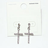99724, RHODIUM DIPPED, CROSS CRYSTAL RHINESTONE DANGLE EARRING