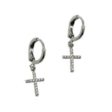 99725, 14K GOLD DIPPED, DAINTY CZ CROSS DANGLE HUGGIE EARRING