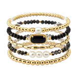 107872, GEOMETRIC GLASS STONE FRESHWATER PEARL ACCENT MULTI LAYERED BEADED STRETCH BRACELET