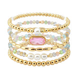 107872, GEOMETRIC GLASS STONE FRESHWATER PEARL ACCENT MULTI LAYERED BEADED STRETCH BRACELET