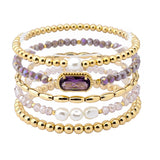 107872, GEOMETRIC GLASS STONE FRESHWATER PEARL ACCENT MULTI LAYERED BEADED STRETCH BRACELET