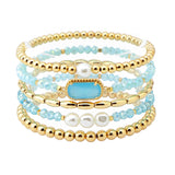 107872, GEOMETRIC GLASS STONE FRESHWATER PEARL ACCENT MULTI LAYERED BEADED STRETCH BRACELET
