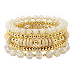 108534, WOOD ACCENT GLASS BEADED MULTI LAYERED STRETCH BRACELET