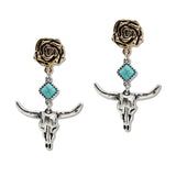 108418, WESTERN ROSE WITH STEER HEAD DANGLE EARRING
