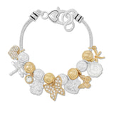108694, GARDEN THEME PAVE BUTTERFLY DRAGONFLY HEART FLOWER MULTI CHARM BRACELET