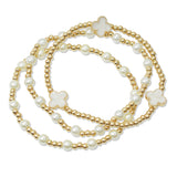108622, ENAMEL CLOVER ACCENT PEARL BALL MULTI LAYERED BEADED STRETCH BRACELET