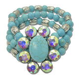 Flower Oval Stone Rhinestone Stretch Bracelet Set – Silver Burnished/Turquoise · JB1106-2SBTQ_SJ _DSC8564