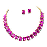 Emerald Cut Rhinestone Collar Necklace Set – Gold/Fuchsia · MNE8899GDFU_PK _DSC8709