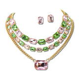 3 Piece Layered Emerald Cut Rhinestone Necklace Set – Gold/Pink Green · MNE8855PKGRMU_PK _DSC8735