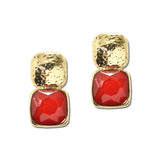 Water Resistant Hammered Metallic And Faceted Cushion Gem Drop Earrings – Gold/Red · ER10241RED _DSC9227