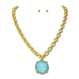 Round Faceted Pendant Necklace Set/ Water Resistant – Worn Gold/Turquoise · NK10162TQMOP_TP _DSC9249