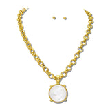 Round Faceted Pendant Necklace Set/ Water Resistant – Worn Gold/MOP · NK10162MOP_TP _DSC9250
