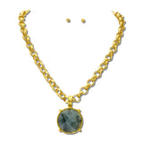 Round Faceted Pendant Necklace Set/ Water Resisant – Worn Gold/Grey · NK10243DSG_TP _DSC9251