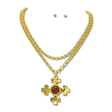 Pearl Stone Cross Pendant Necklace Set/ Water Resistant – 24K Gold Tone/Brown · NK10183BRW24K_TP _DSC9259