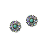Western Round Stone Rhinestone Concho Stud Earrings – Silver Burnished/Turquoise AB · SE3413TQAB_SW _DSC9540