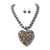 Rhinestone Heart Navajo Bead Necklace Set – Silver Burnished/Volcano · SN1052SBVOL_SW _DSC9611