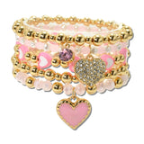 Heart Charm Multi Layered Stretch Bracelet Set – Gold/Lt.Pink · GSB1991-LPK_CRT _DSC9729