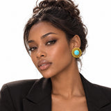 114618, 24K GOLD TONE CABOCHON STONE OPENWORK LACE STUD EARRINGS