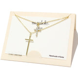 90237, CROSS DOUBLE LAYERED PENDANT NECKLACE, RELIGIOUS, CUBIC ZIRCONIA
