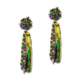 Mardi Gras Pom Beaded Fringe Tassel Earrings – Gold/Purple Green · GSE4987-PUYWGR_CRT IMG_6382