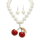 108716, GLITTER CHERRY PENDANT PEARL STRAND NECKLACE