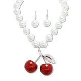 108716, GLITTER CHERRY PENDANT PEARL STRAND NECKLACE