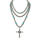 108536, 3 PIECE WESTERN CROSS CHARM MULTI LAYERED NAVAJO BEADED NECKLACE