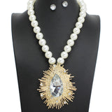 107823, TEARDROP RHINESTONE ACCENT PEARL BEADED NECKLACE