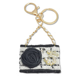 107711, NUMBER 5 ROSE FLOWER ACCENT TWEED HANDBAG KEYCHAIN AND BAG CHARM