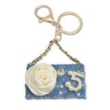 107711, NUMBER 5 ROSE FLOWER ACCENT TWEED HANDBAG KEYCHAIN AND BAG CHARM