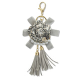 108349, LUXURY TWEED TRIM ROSE FLOWER KEYCHAIN AND BAG CHARM WITH TASSEL