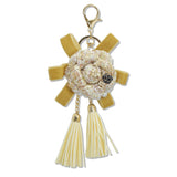 108349, LUXURY TWEED TRIM ROSE FLOWER KEYCHAIN AND BAG CHARM WITH TASSEL