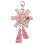 108349, LUXURY TWEED TRIM ROSE FLOWER KEYCHAIN AND BAG CHARM WITH TASSEL