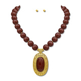 Vintage Oval Pendant Bead Necklace Set – Gold/Burgundy · NK10264BGD_TP NK10264BGD