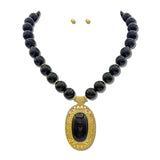Vintage Oval Pendant Bead Necklace Set – Gold/Black · NK10264BK_TP NK10264BK
