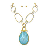 Oval Stone Pendant Chain Necklace Set – Worn Gold/Turquoise · NK10265TQM_TP NK10265TQM