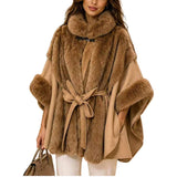 Faux Fur Faux Leather Belted Poncho – BEIGE · P6228BEIGE P6228-BEIGE