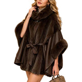 Faux Fur Faux Leather Belted Poncho – Green · P6228GREEN P6228-GREEN