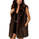 Notched Lapel Faux Fur Vest – Brown Green · P6233GREEN P6233-GREEN