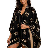 Open Front Graphic Knit Poncho – Black · P6235BLACK P6235-BLACK