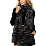 Geometric Pattern Fringe Knit Scarf – Black · S5146BLACK S5146 BLACK
