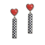 108062, WESTERN CHECKERED PRINT BAR WITH HEART ACCENT DANGLE EARRING